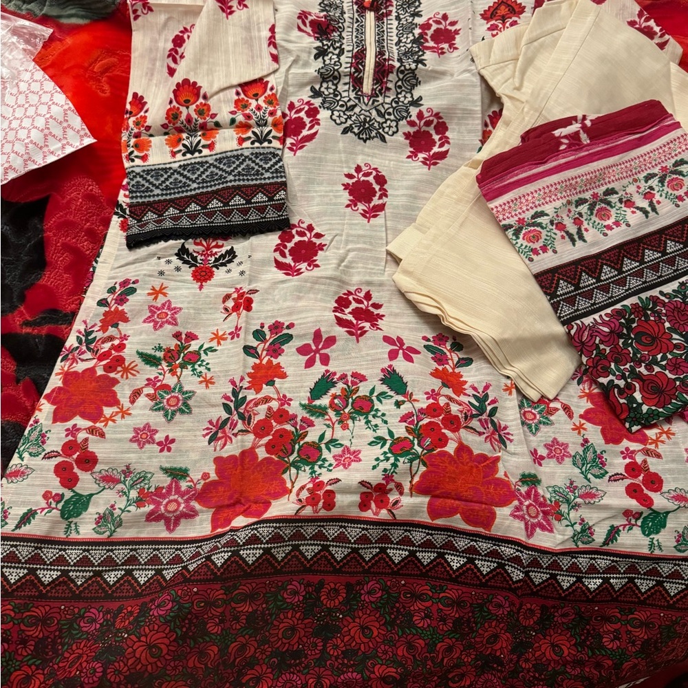 !!Ramdan sale!! Floral Embroidered Dress with Red and Pink Accents
